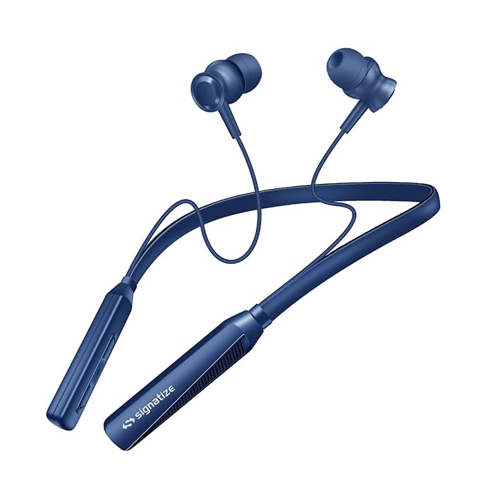 2/ear neckband bluetooth earphones with 10mm drivers,above 20 hours playtime, type c fast charging, neckband earphones with voice assistant blue