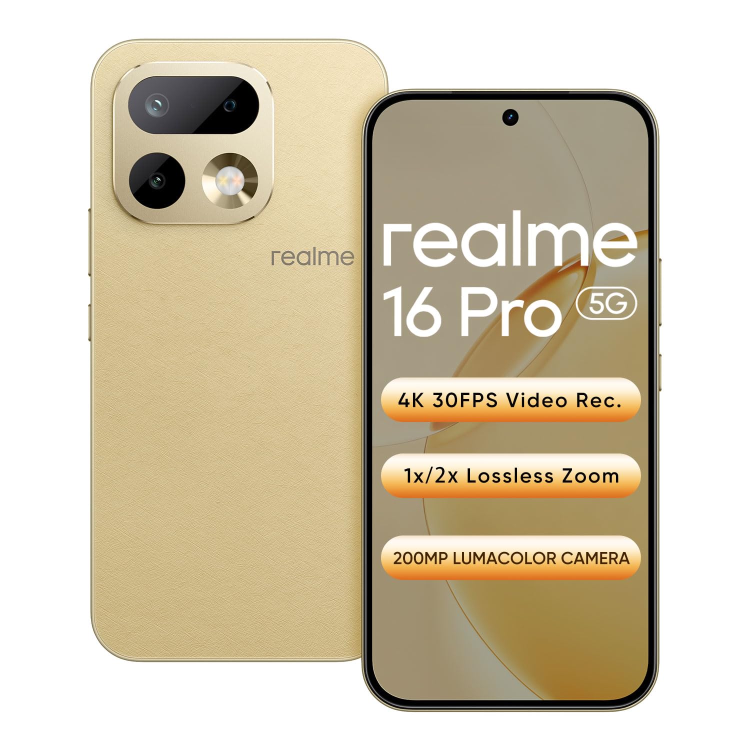 realme 16 pro 5g smartphone 8+128gb master gold, 144hz amoled display, 7000mah battery, 80w supervooc, 200mp primary camera 50mp front camera, mediatek 7300 max processor, ip69