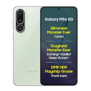 samsung galaxy m56 5g mobile (light green,8gb ram,256gb storage)| segment's slimmest|gorilla glass victus+| 10 bit hdr video| 50mp camera| ai | vapour cooling chamber| lag free gaming| without charger