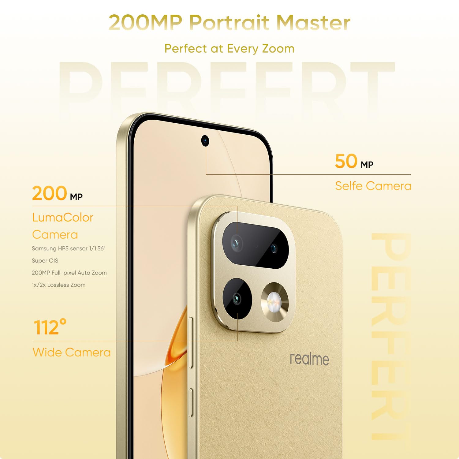 realme 16 pro 5g smartphone 8+128gb master gold, 144hz amoled display, 7000mah battery, 80w supervooc, 200mp primary camera 50mp front camera, mediatek 7300 max processor, ip69