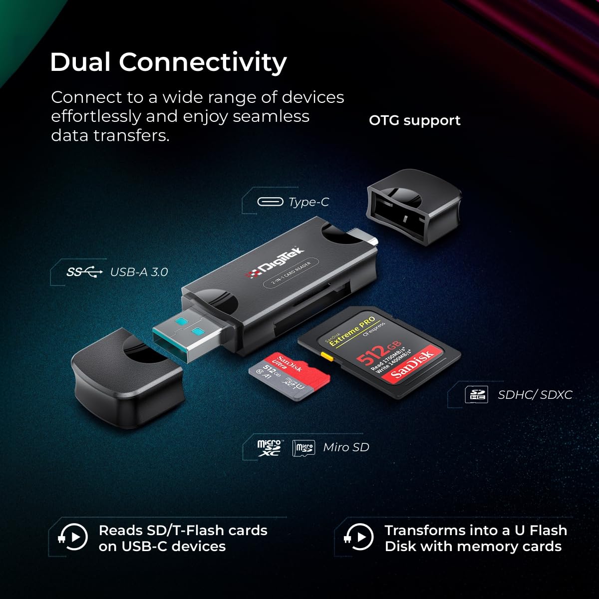 Digitek (DCR-007) USB-A 3.0 & Type C High-Speed Multi-Card Reader Supports All Standard SD/SDHC/SDXC and Micro SD/SDHC/SDXC Cards - Image 2