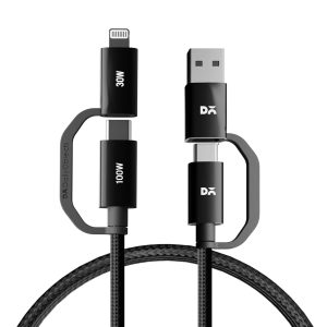 DailyObjects SURGE Kevlar Core 4-in-1 100W Charging Cable|USB-A,Type-C,Lightning|Fast Charging,480Mbps Data Transfer,Data Sync|Compatible with Android & iOS Smartphones,Tablet/Ipads & Macbook,Black