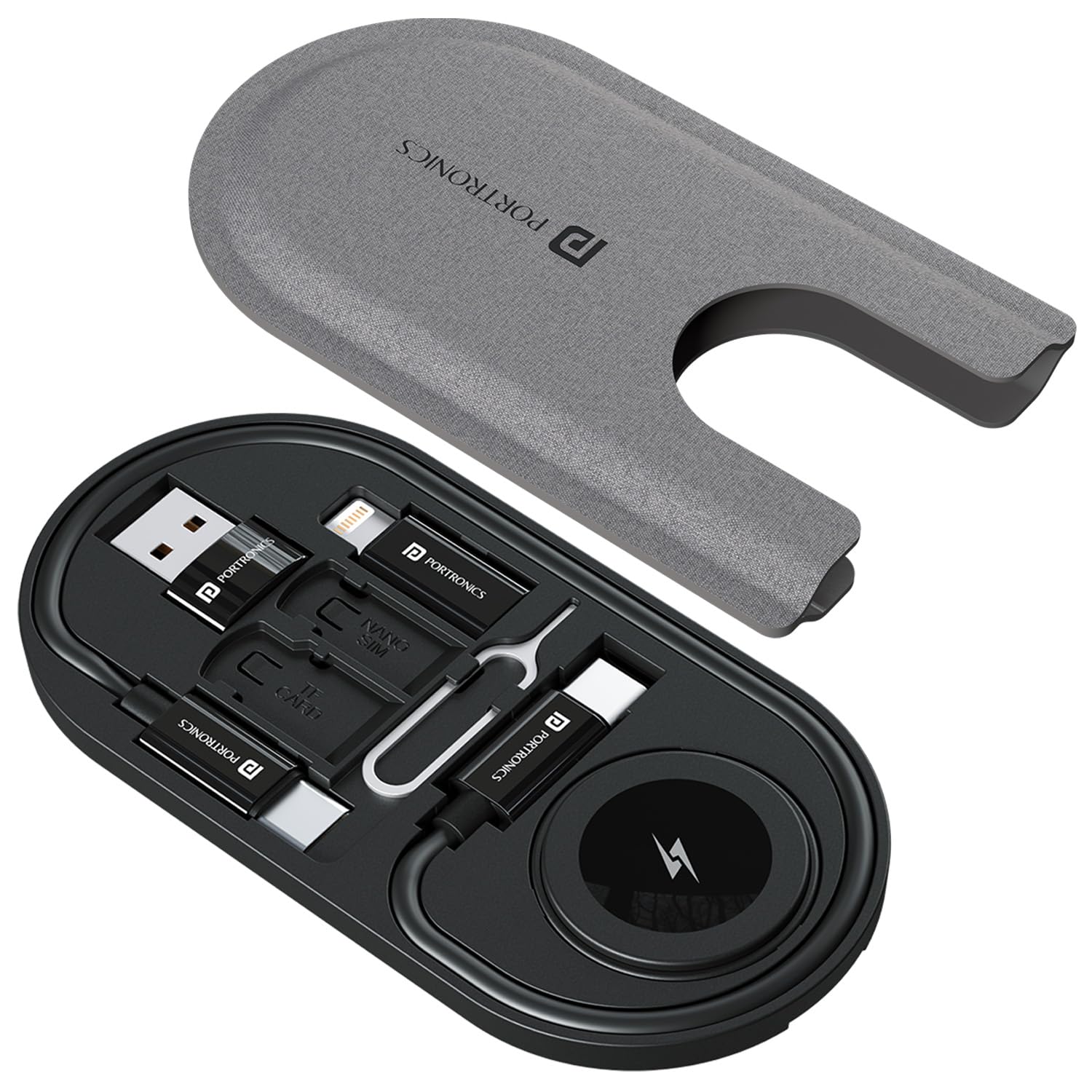 Portronics Snapcase 6 60W Multifunctional Fast Charging Data Cable Kit with Wireless Watch Charging Slot, Conversion Set USB A & Type C to Type C/Lightning, Data Transfer, Sim Storage, Sim Eject Pin