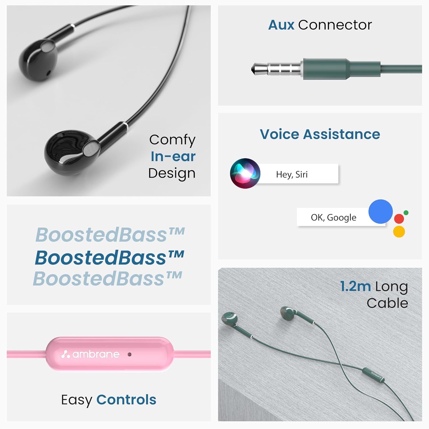 Ambrane Wired in Ear Earphones with in-line Mic for Clear Calling, 14mm Dynamic Drivers for BoostedBass, 3.5mm Jack, Multi-Functional Controller (Stringz 38 Lite, Green) - Image 2