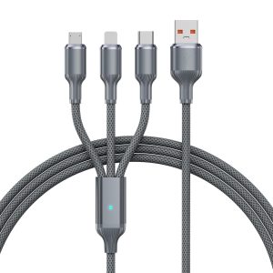 3 in 1 USB Fast Charging Cable compatible with Lightning, Type C, Micro USB Port 2.1 A, Compatible with iPhone, iPad, Samsung, OnePlus, Mi, Oppo, Vivo, Xiaomi, 1.25M